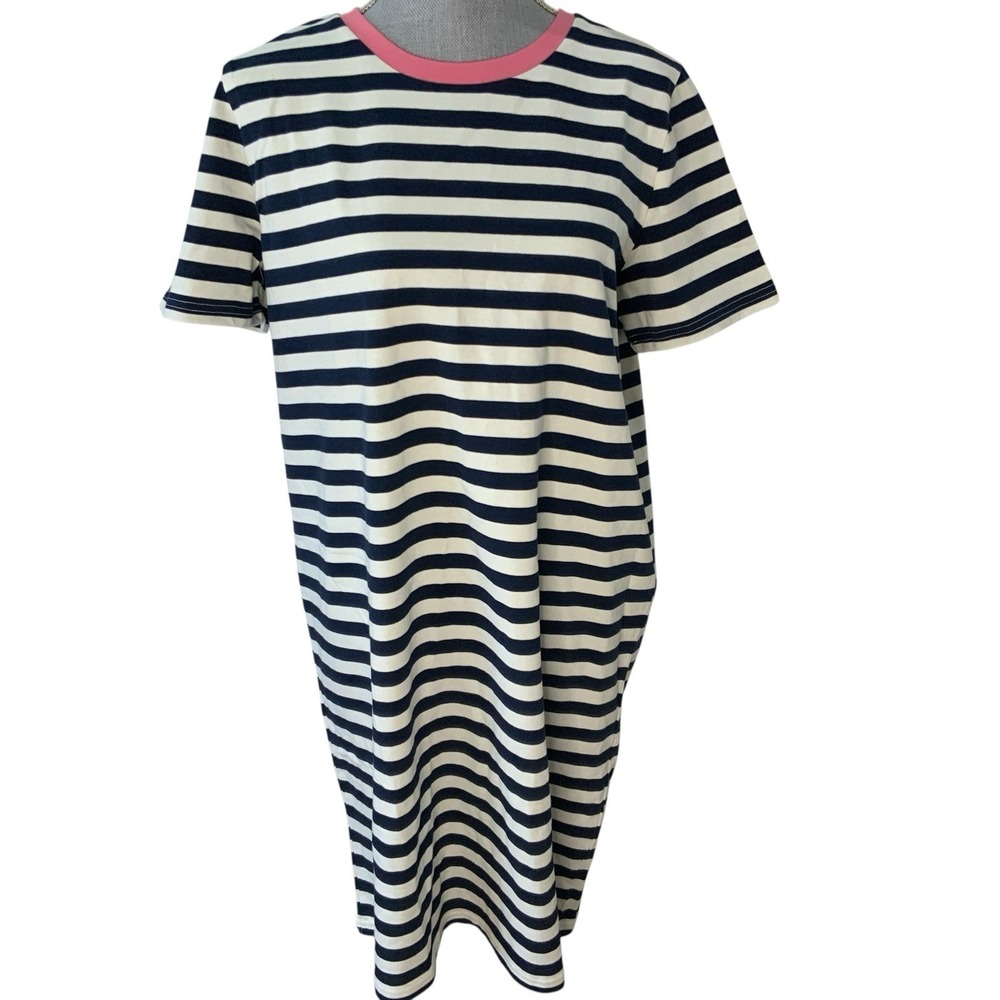 Joules Navy White Striped T-Shirt Dress Pink Trim Cotton US 12 Classic Casual‎